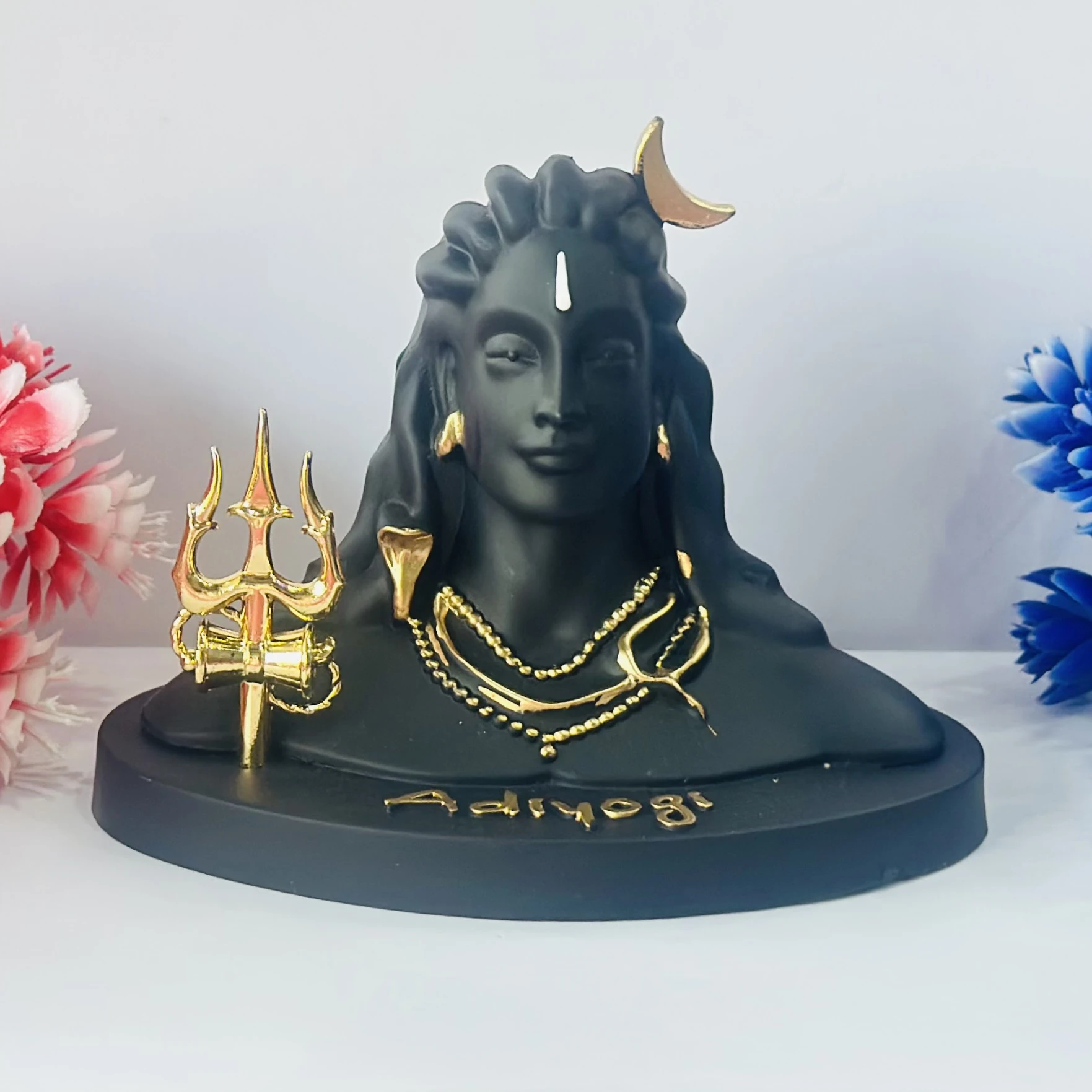 Black Adiyogi Shiva statue with a golden Trishul and crescent moon.(SKU-5I564U)