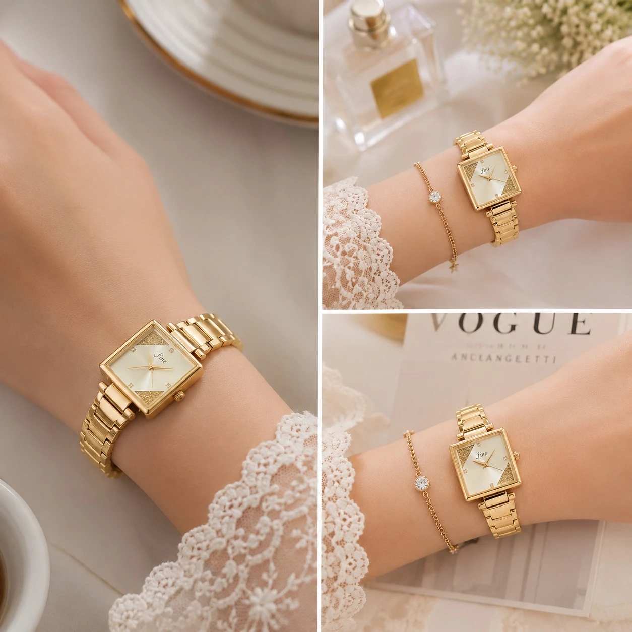Gold -tone analog watch with a square dial and a metal strap.