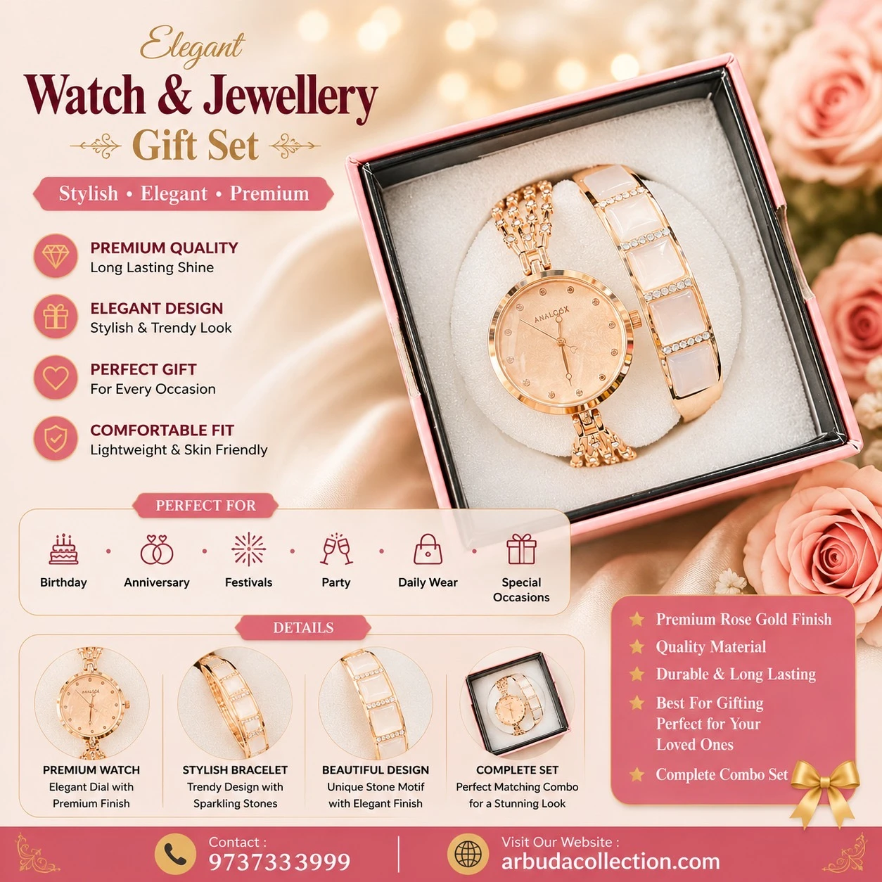 rose gold-toned women's watch and matching floral bracelet set