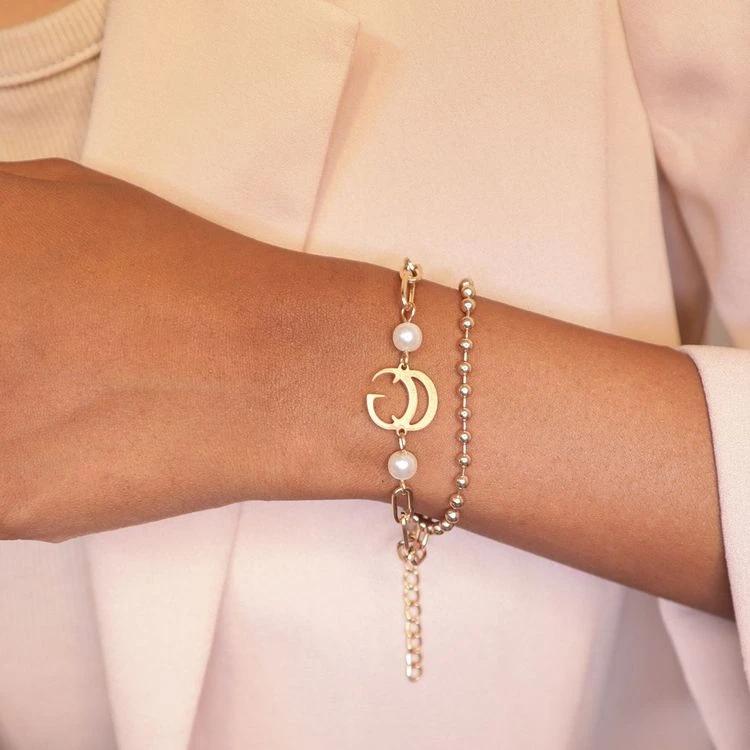 Layered Gold Plated and Pearl Link Chain Bracelet