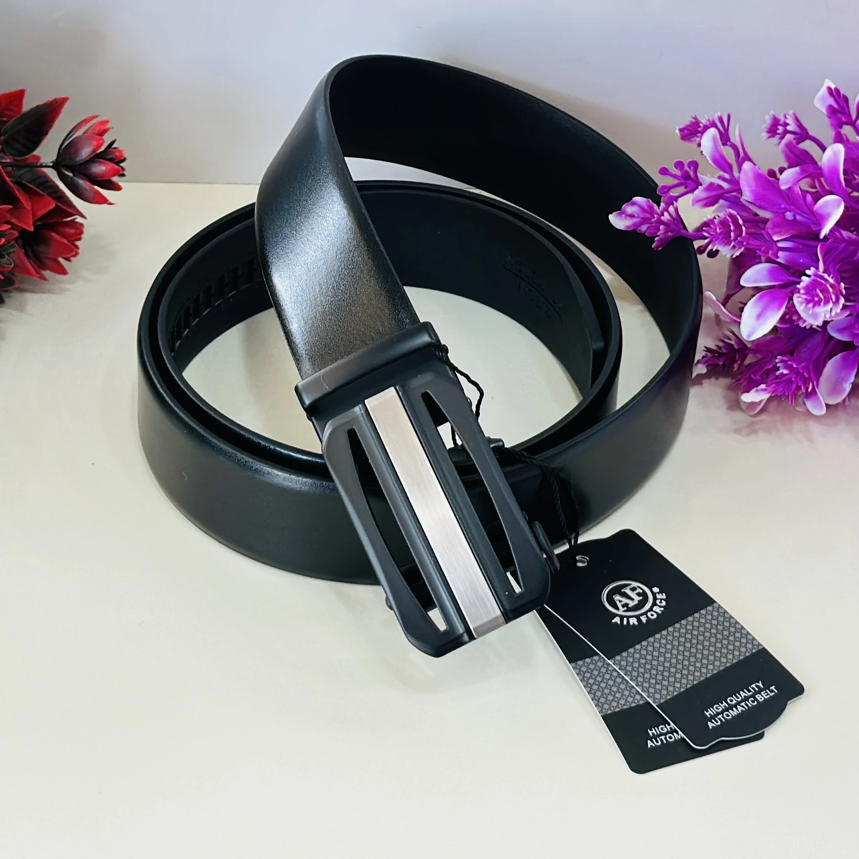 Men's Artificial Leather Auto Lock Buckle Belt for Men (Black)
