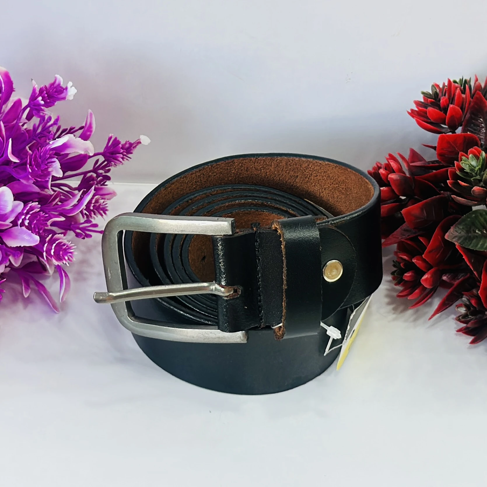 Black genuine leather men's belt