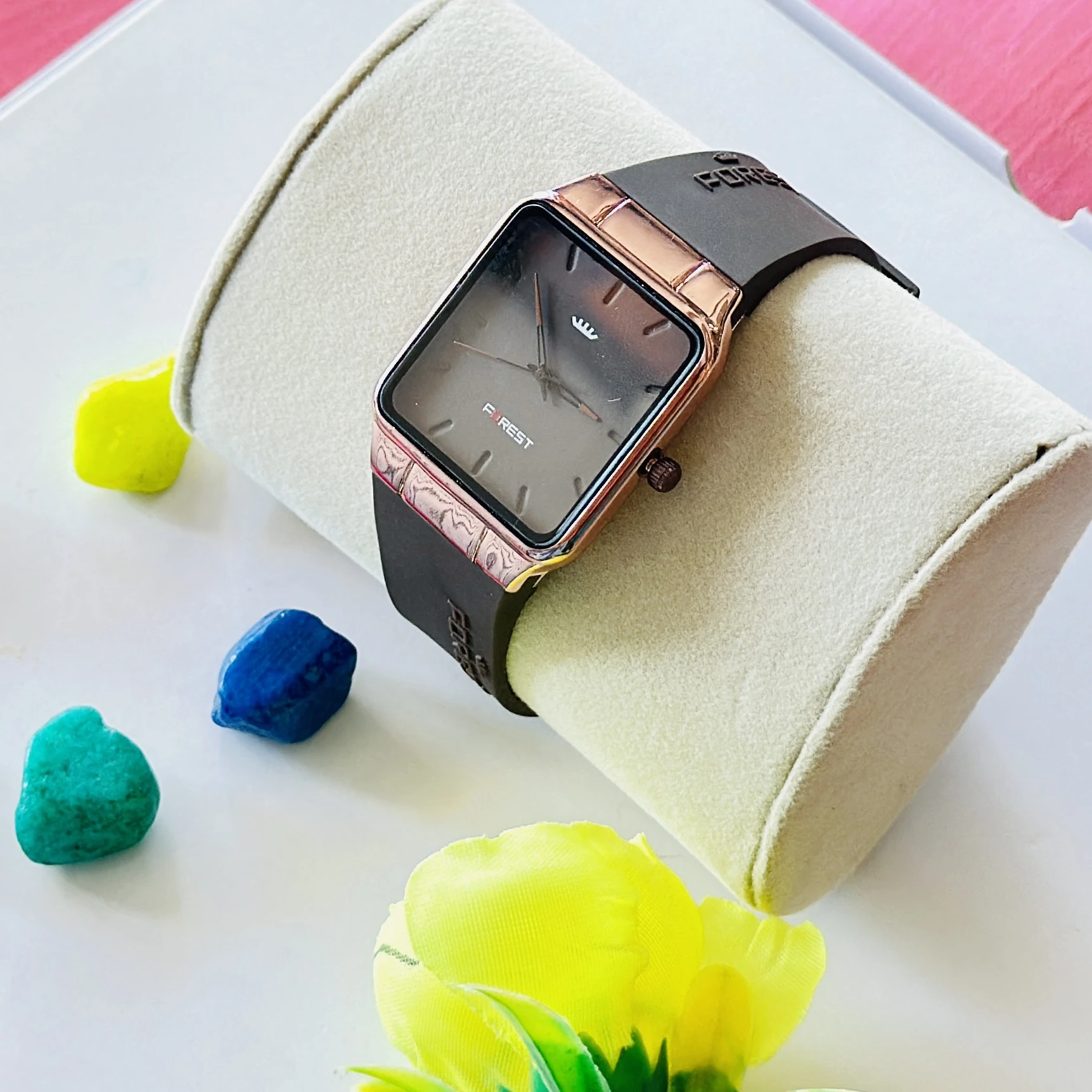 Forest Men's Analog Watch with a square dial case and quartz movement.
