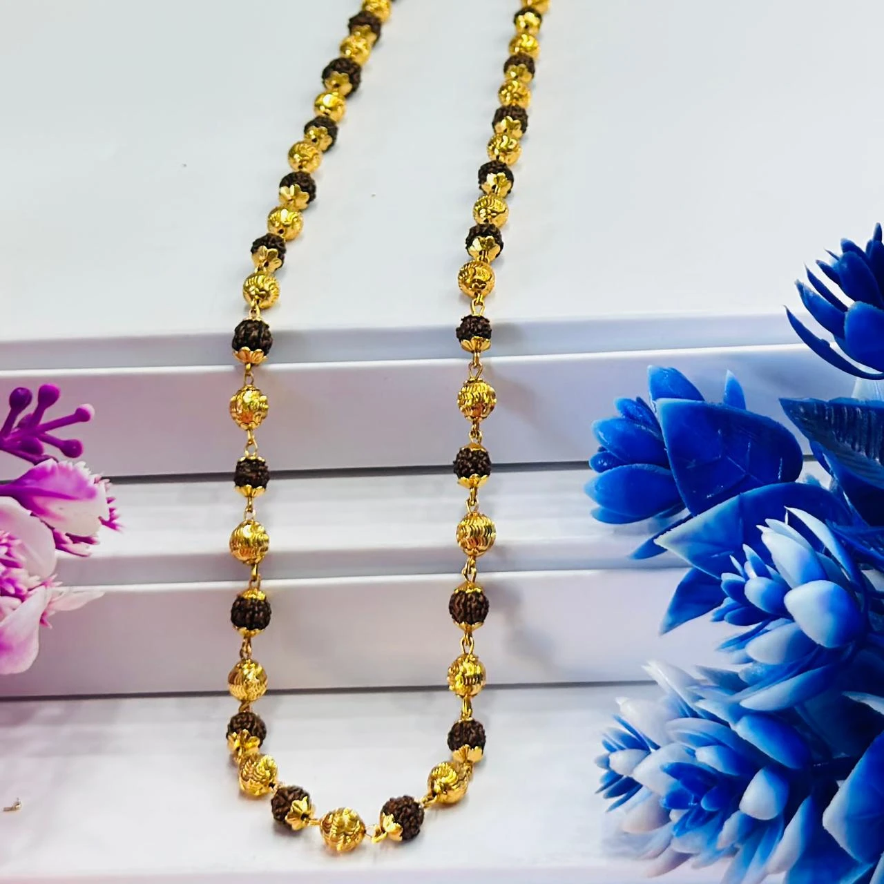 Golden Flower Brown Rudraksha Mala