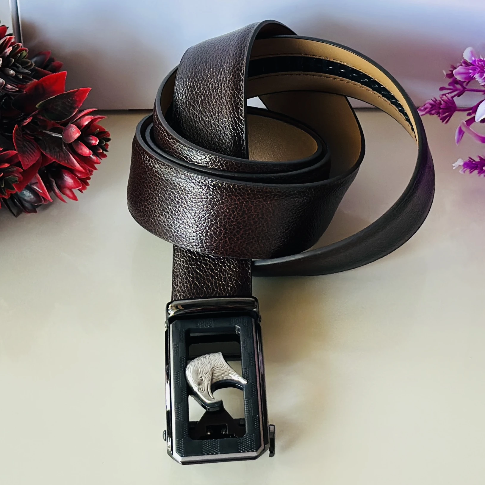 Brown leather men's ratchet belt