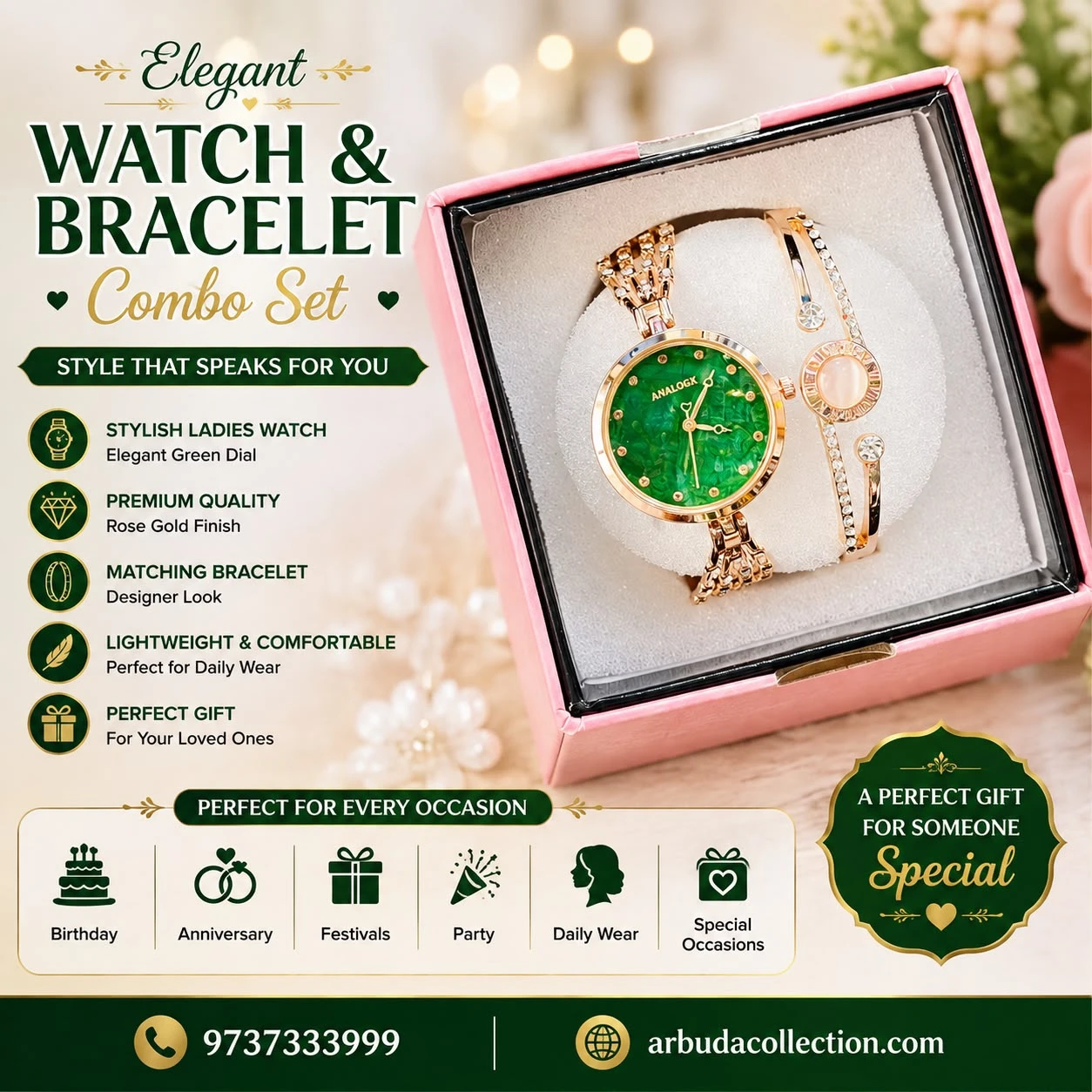 elegant rose-gold women's watch features a striking textured green dial and a multi-strand crystal bracelet strap.