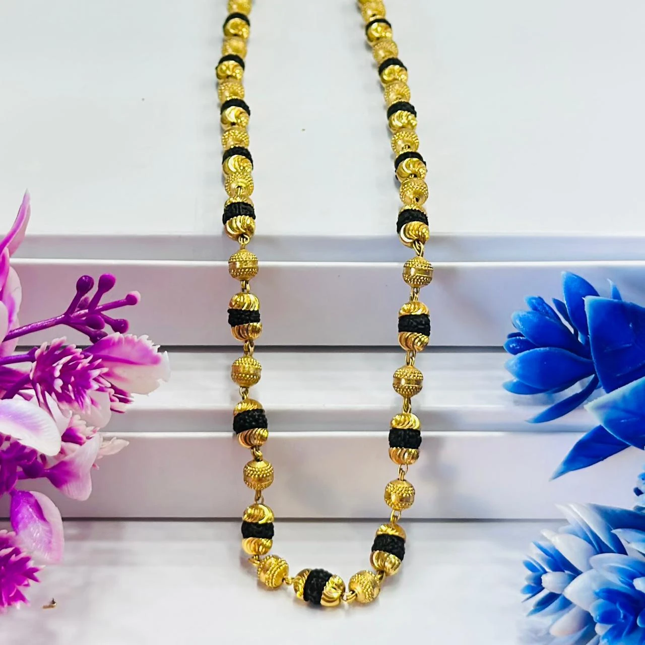 Golden Flower Brown Rudraksha Mala