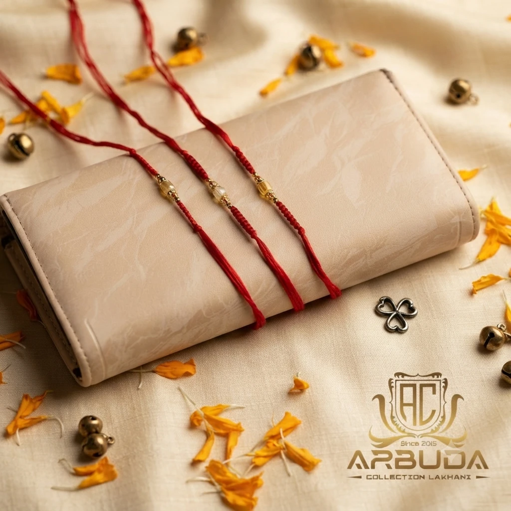 red threads adorned with central gold-plated metallic beads.