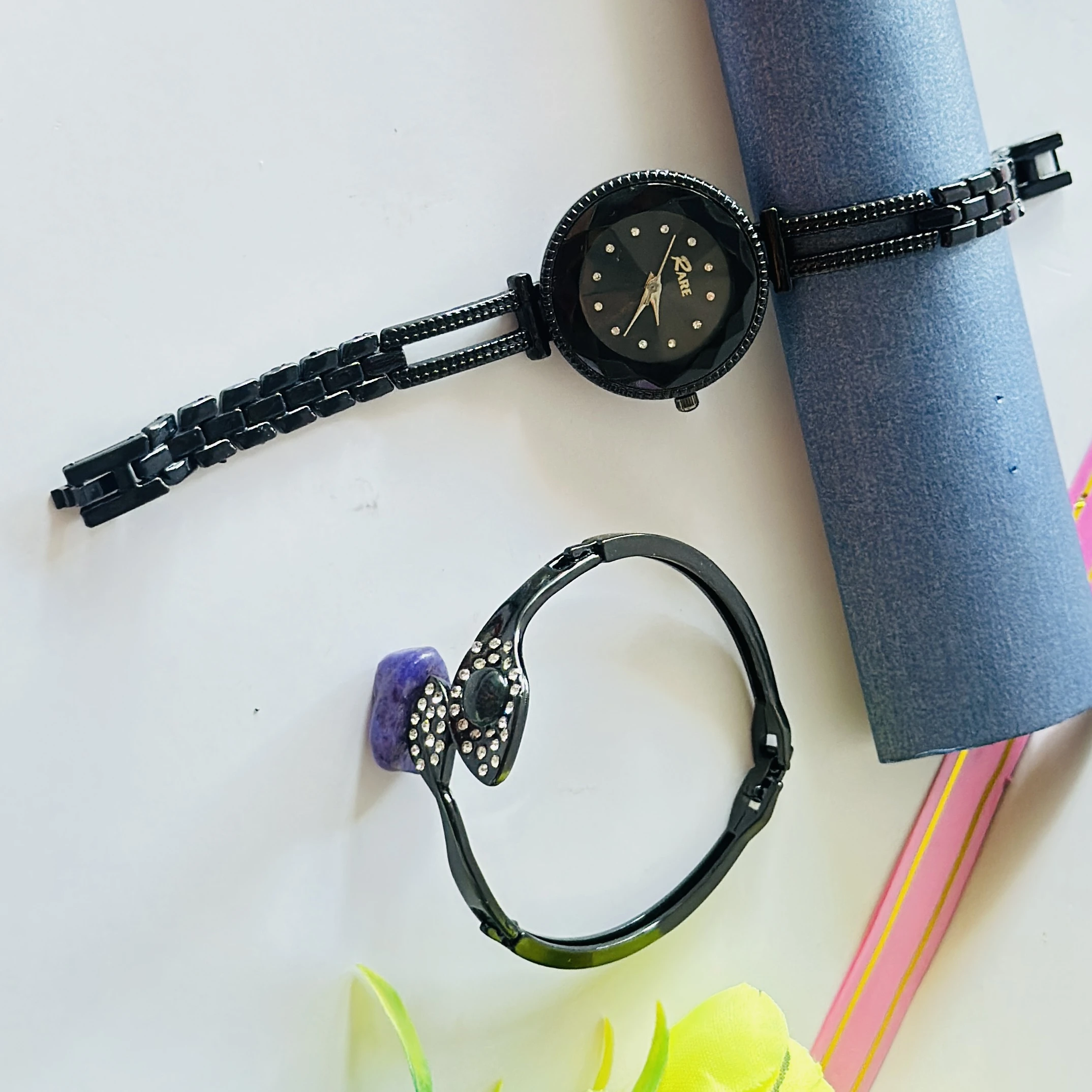 Black metal analog wristwatch and matching studded bracelet combo set