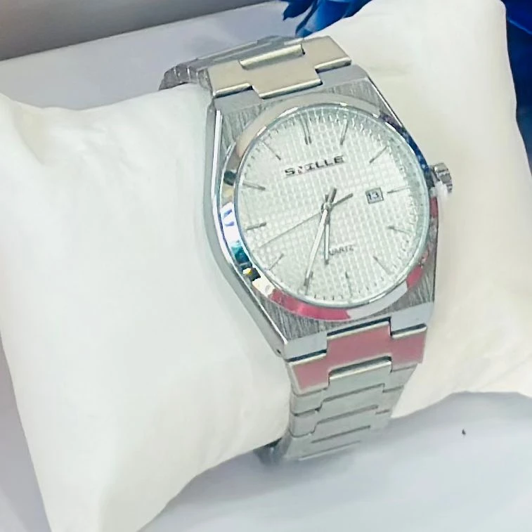analog watch with a white dial and date function.