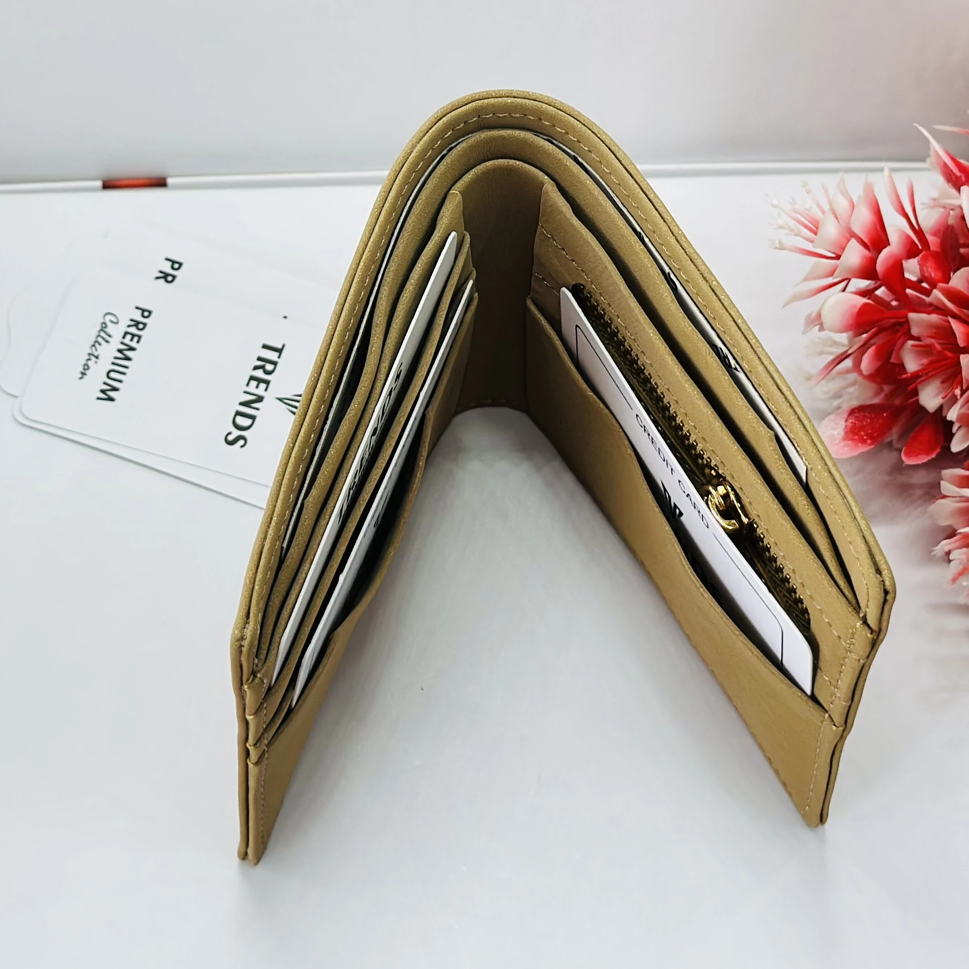 Beige or mustard bi-fold men's wallet